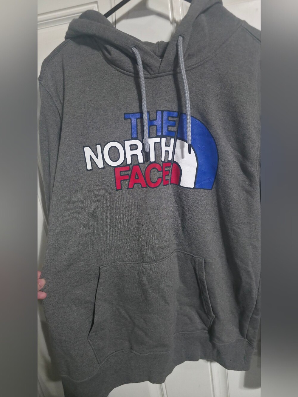 The North Face Men's Grey Hoodie with Red, White & Blue Logo Size L